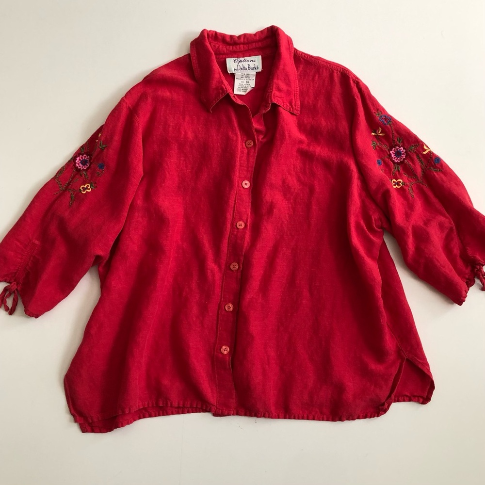 Delta Burke Red Linen Blend Button Shirt Embroidered Size 3X